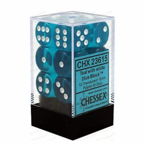 CHX 23615 Translucent 16mm d6 Teal/White Block (12)